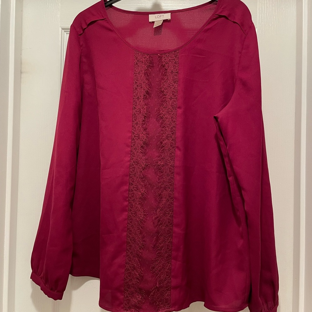 LOFT- Cranberry Medium billowy blouse with detailing of scallop in center